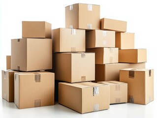 Stacks of cardboard boxes arranged in a neat pile, ready for shipping or storage in a bright, clean environment
