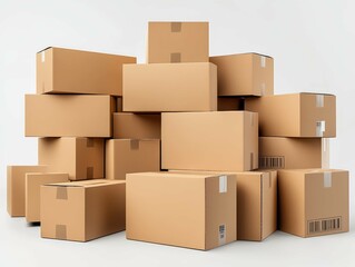 A large stack of brown cardboard boxes piled together in a well-lit workspace, showcasing various sizes and packing styles