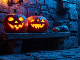 Two glowing jack-o'-lanterns on a rustic bench surrounded by stone walls during Halloween evening
