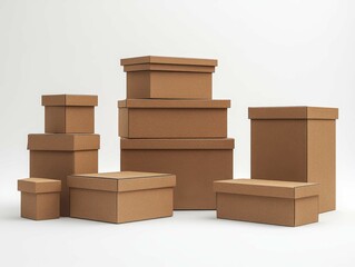 Stacked brown cardboard boxes in various sizes on a white background, demonstrating organization and packaging options for storage