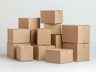 A collection of stacked cardboard boxes arranged in various sizes, preparing for storage or shipping in an indoor setting