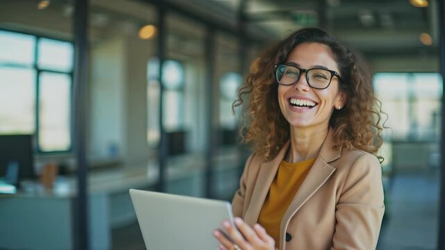 A cheerful young woman wearing glasses and a business suit smiles brightly while standing near a window. Her hair is tied back in a casual ponytail, and the soft light enhances her professional and ap