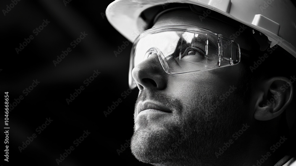Poster a construction worker with safety glasses and a hard hat gazes upward, contemplating his next action