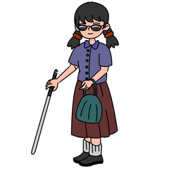 A blind woman is walking