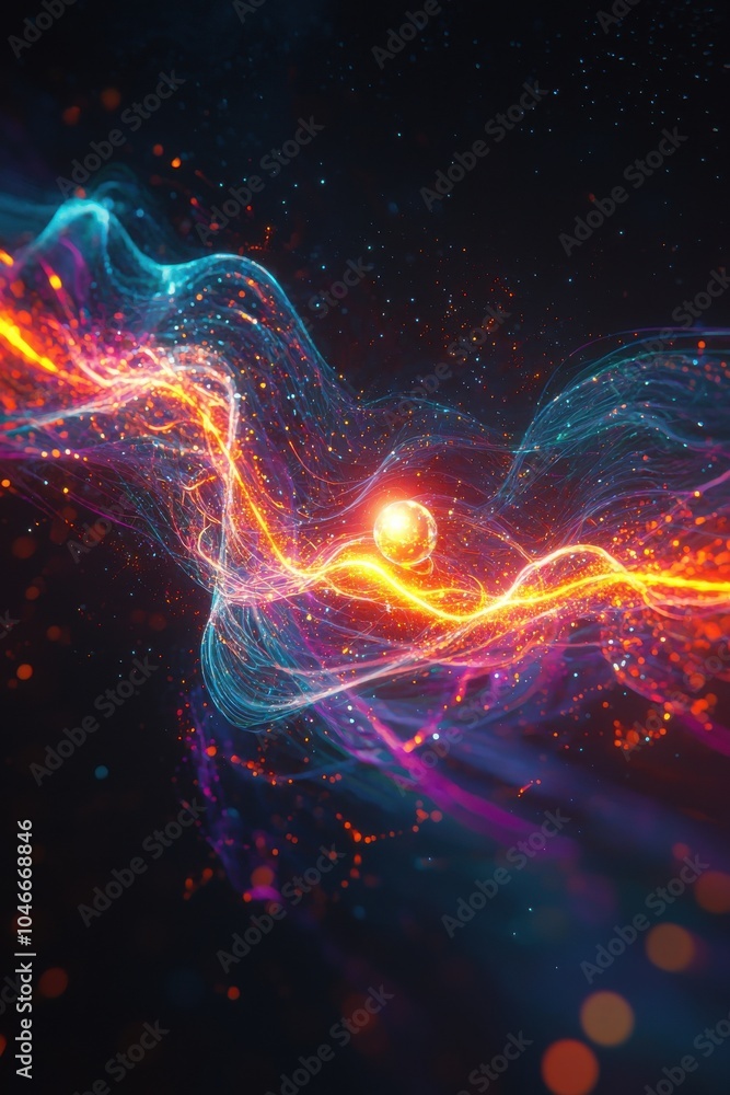 Poster abstract depiction of quantum entanglement with colorful glowing light and particles in motion
