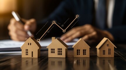 Wooden houses with a rising graph signify growth in real estate, accompanied by a person writing in the background.