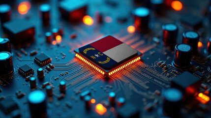 A North Carolina flagged microchip is centered on a circuit board, surrounded by illuminated components, symbolizing role in semiconductor innovation and technology leadership.