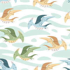 Seamless pattern with cute dinosaurs in flat style. Endless texture with flying pterodactyl on spotted background. Childish background for fabric, wallpaper, wrapping paper, scrapbooking etc