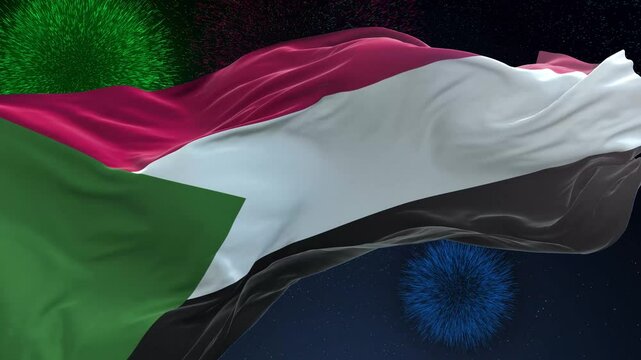 Sudan flag - Waving flag on celebrating fireworks for national holiday day. Ceremony for patriotic celebration of nation 
