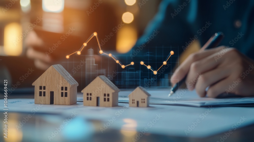 Poster a person is analyzing real estate data, with wooden house models in the foreground and a graph symbo