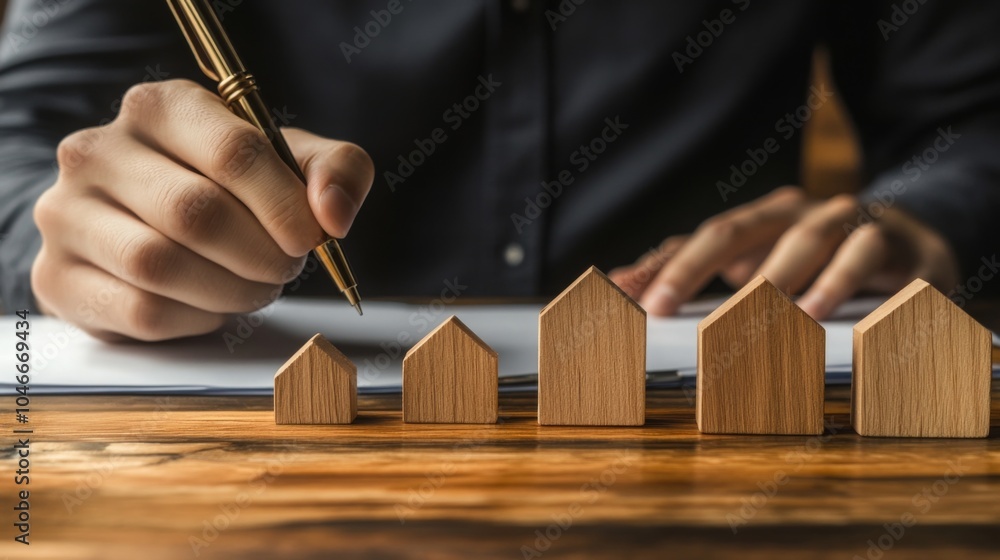 Aufkleber a person writes on paper with a pen, while wooden house models in various sizes are displayed in fro