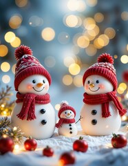 "Charming Snowman Family in a Festive Winter Scene"