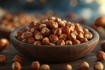 Fototapeta premium A wooden bowl filled with nuts on top of a wooden table