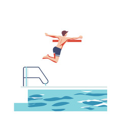 A boy jumping off a diving board into a pool
