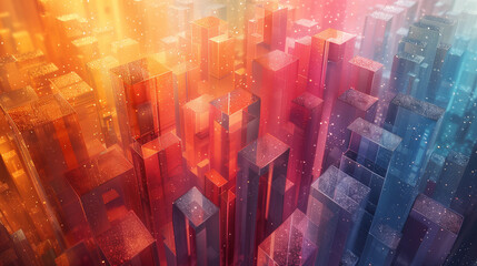 Vibrant digital cityscape with glowing neon lights and data streams.