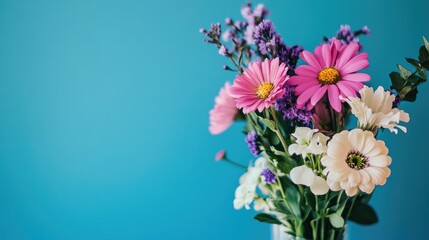 Obraz premium A colorful bouquet of pink, purple, and white flowers stands against a blue background, creating a vibrant and cheerful floral display.