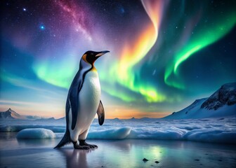 Obraz premium Rare Penguin with Glowing Aurora Borealis Feathers and Soft Textures in Enchanting Arctic Landscape