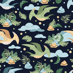 Seamless pattern with cute dinosaurs in flat style. Endless texture with flying pterodactyl with clouds and tropical plants. Childish background for fabric, wallpaper, wrapping paper, scrapbooking etc © Siawi_art