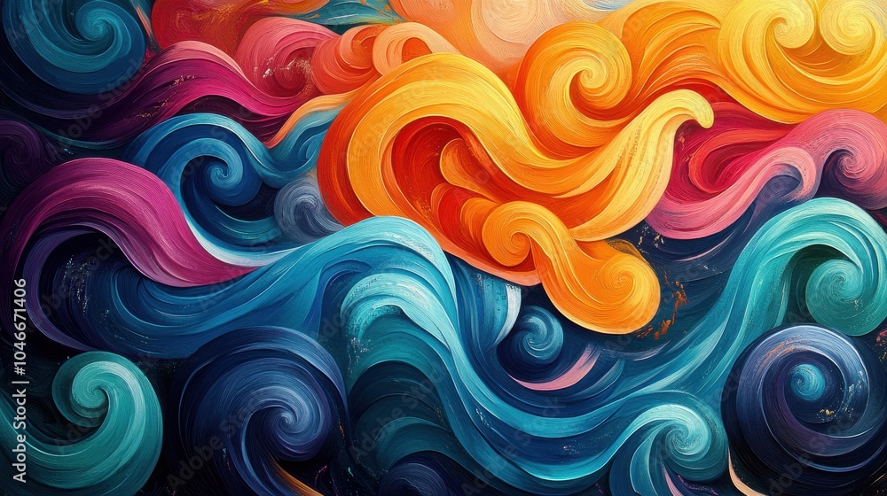 Poster brightly colored waves forming abstract patterns