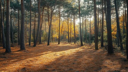 Fototapeta premium Forest glade with scattered pine needles