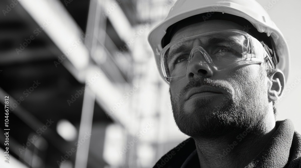 Aufkleber a construction worker in safety glasses and a hard hat is focused on the ongoing project at a constr