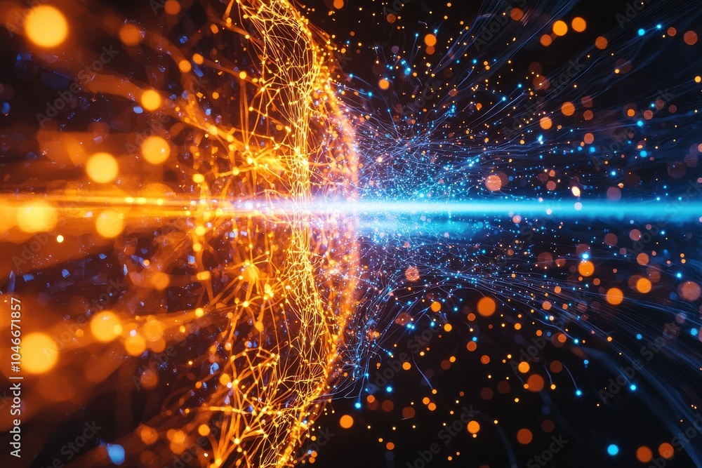 Aufkleber dynamic abstract depiction of quantum entanglement with vibrant colors and particle lines suggesting