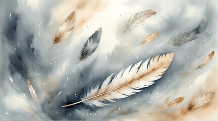 Feathers in the Wind: watercolor painting of delicate feathers floating through the air. Feathers scattered across a neutral background. Illustration. Drawing. Art. 2