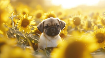 Puppy in Sunflower Field.