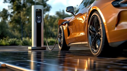 Solar charge: electric car powered at station using energy from solar panels, green electricity concept focused on sustainable transportation and reducing environmental impact.