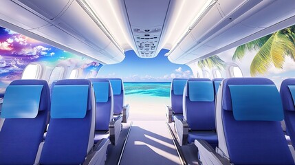 Naklejka premium Scenic Airplane Interior Overlooking a Beach Paradise