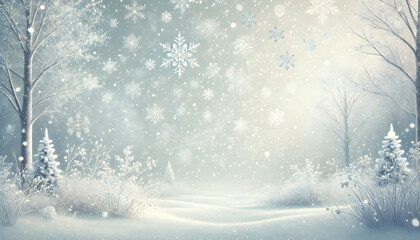 : 冬の静寂と雪の結晶が舞う風景

