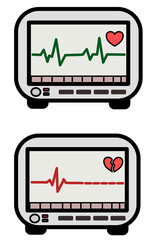 EKG medical hospital monitor equipment displaying healthy and dead heart rate vector flat isolated illustration on white background