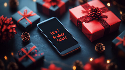 Smartphone displays "Black Friday Safety" amid gift boxes with red ribbons on dark surface. Concept emphasizes shopping caution. For holiday shopping tips.