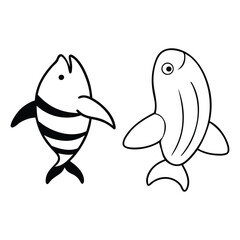 Set vector sea animals hand drawn outline sketch illustration