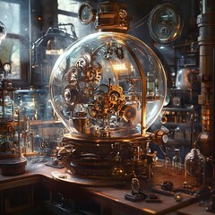 Surreal Steampunk Time Dilation Device in Retrofuturistic Laboratory Setting