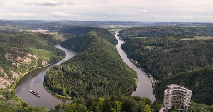 An aerial drone video over The Saarschleife is a hairpin bend in the river Saar. famous tourist attraction in the Saarland, Germany.
