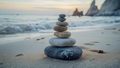 Stacked stones on serene beach at sunset, tranquility and balance, meditation symbol