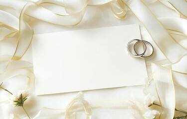 Wedding Rings on a Blank Card with White Flowers and Ribbons: Ideal for Elegant Wedding Invitations and Announcements, With Copy Space, Mockup Background, and Template Design