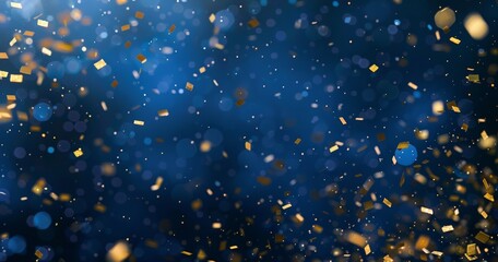 Falling confetti on blue background, abstract background with dark blue and gold particle. Golden light shine particles Bokeh on navy blue background, celebration concept
