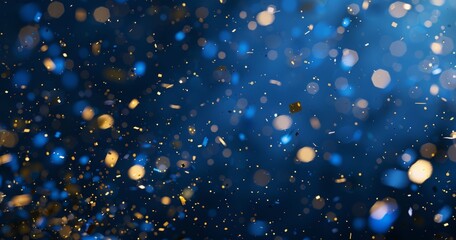 Falling confetti on blue background, abstract background with dark blue and gold particle. Golden light shine particles Bokeh on navy blue background, celebration concept
