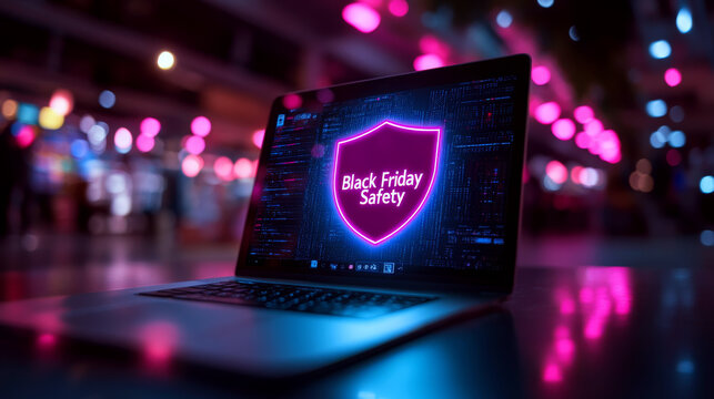 A laptop displays a neon-lit "Black Friday Safety" message in a busy, softly-lit space. Concept highlights online security during shopping events. For online safety promotion