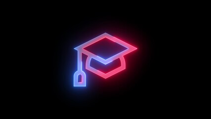 Neon symbol icon, Neon education cap icon blue red color glowing black background