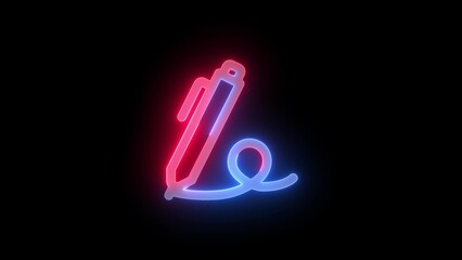 Neon symbol icon, Neon education pen icon blue red color glowing black background