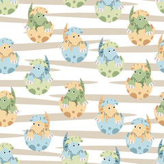 Seamless pattern with cute dinosaurs in an egg in flat style. Endless texture with hatched baby dinosaur on striped background. Childish background for fabric, wallpaper, wrapping paper, scrapbooking