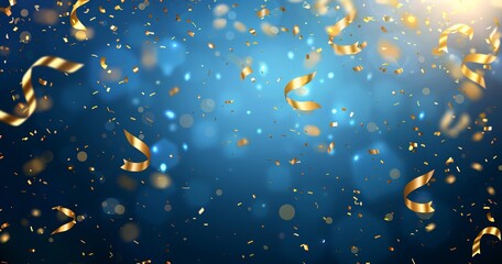 Falling confetti on blue background, abstract background with dark blue and gold particle. Golden light shine particles Bokeh on navy blue background, celebration concept
