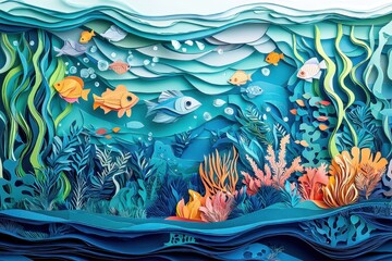 Underwater scene depicted through intricate paper-cut art, featuring colorful fish, flowing seaweed, and coral reefs. Ideal for themes of creativity, marine conservation, and artistic expression.