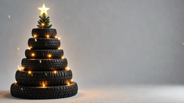 christmas tree made of car tires with garland lights, festive holiday decoration, copyspace for text.