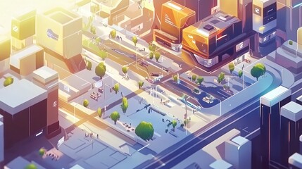 Obraz premium Futuristic city with skyscrapers, streets, and people walking by in the daytime.