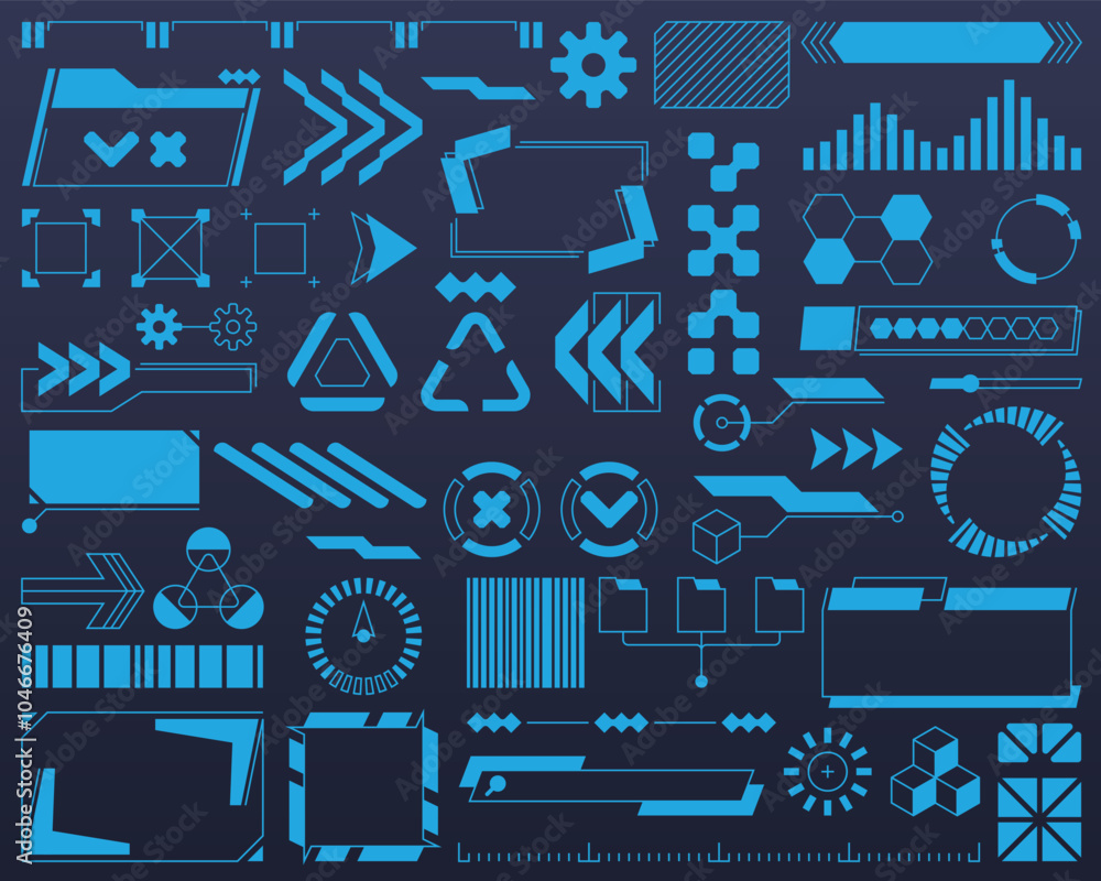 Poster the image focuses on futuristic hud elements, featuring arrows, graphs, and hexagons in a digital in