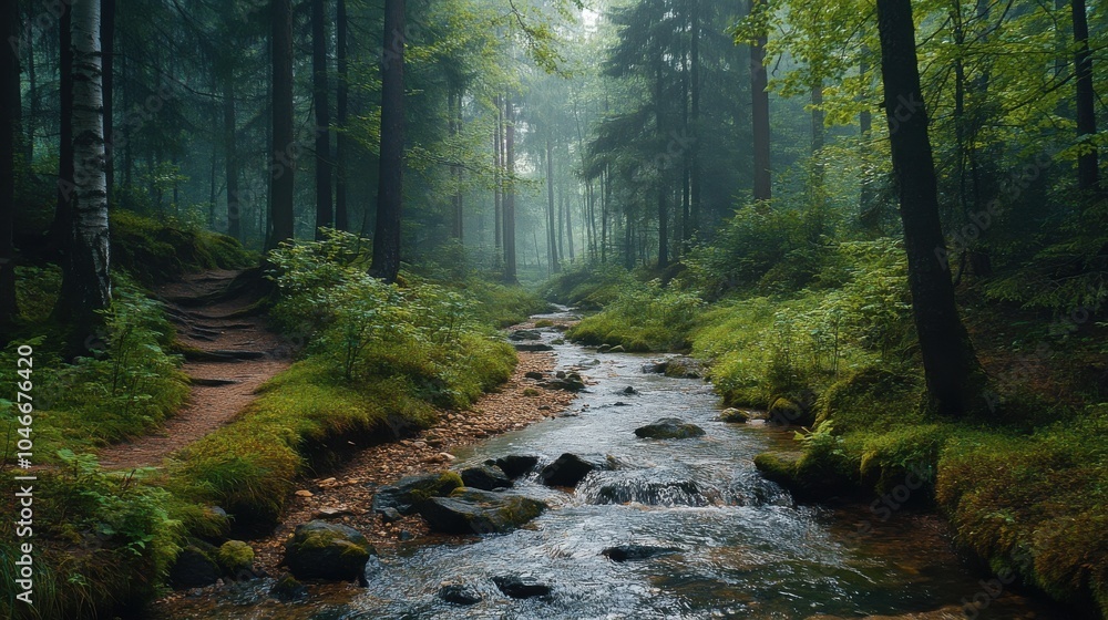 Poster forest path with a stream running alongside